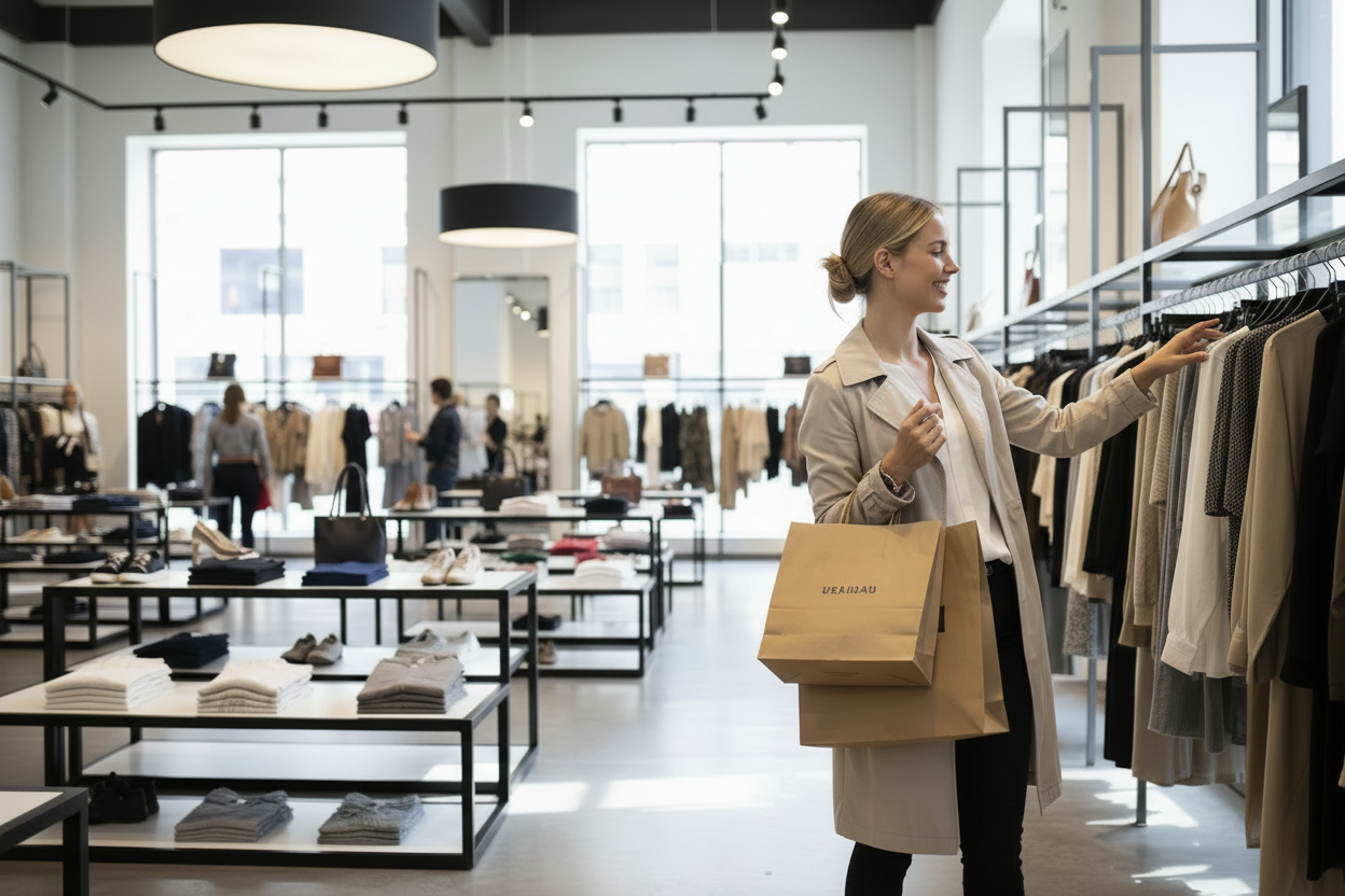 create me a image for a girl shopping in store keep the girl on the right side 